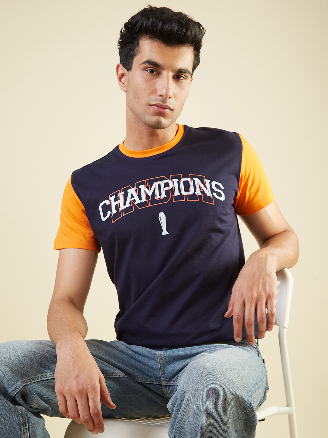 ICC Champion-2025 ICC Champions Trophy 2025 Men Navy Blue and Orange Graphic Printed Half Sleeves Round Neck Cotton T-Sh