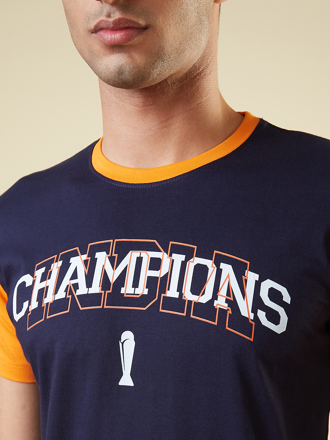 ICC Champion-2025 ICC Champions Trophy 2025 Men Navy Blue and Orange Graphic Printed Half Sleeves Round Neck Cotton T-Sh (4)