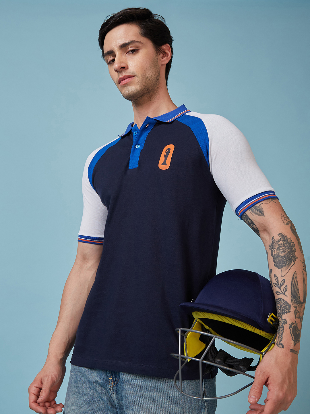 ICC Champions Trophy 2025 Men Navy Blue and White Half Sleeves Colorblocked Polo Collar T-Shirt