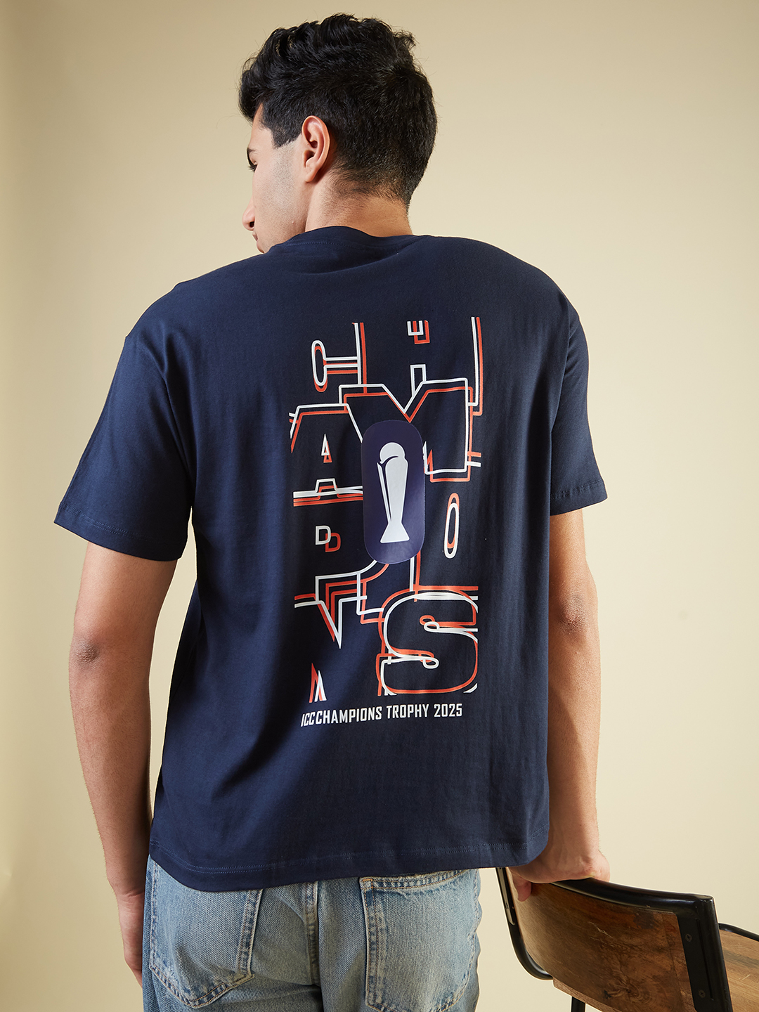 ICC Champions Trophy 2025 Men Navy Blue Graphic Printed Half Sleeves Round Neck Cotton Oversized T-Shirt