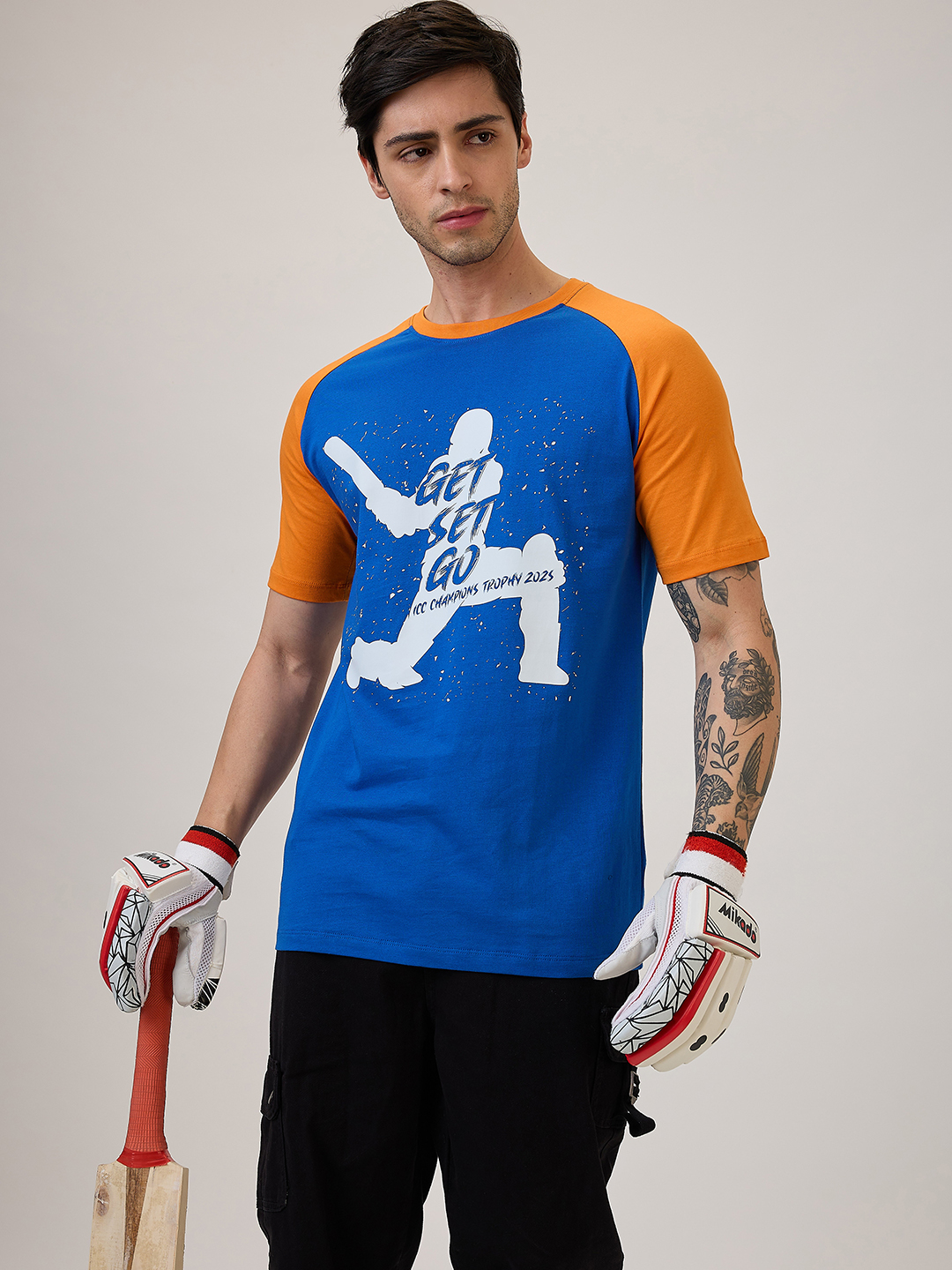ICC Champion-2025 ICC Champions Trophy 2025 Men Royal Blue and Orange Colorblocked Printed Half Sleeves Round Neck Cotto