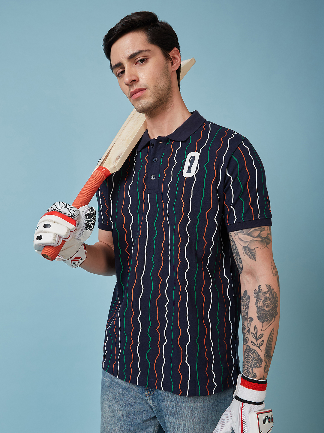 ICC Champion-2025 ICC Champions Trophy 2025 Men Navy Blue Wave Striped Half Sleeves Polo Collar Cotton T-Shirt (1)