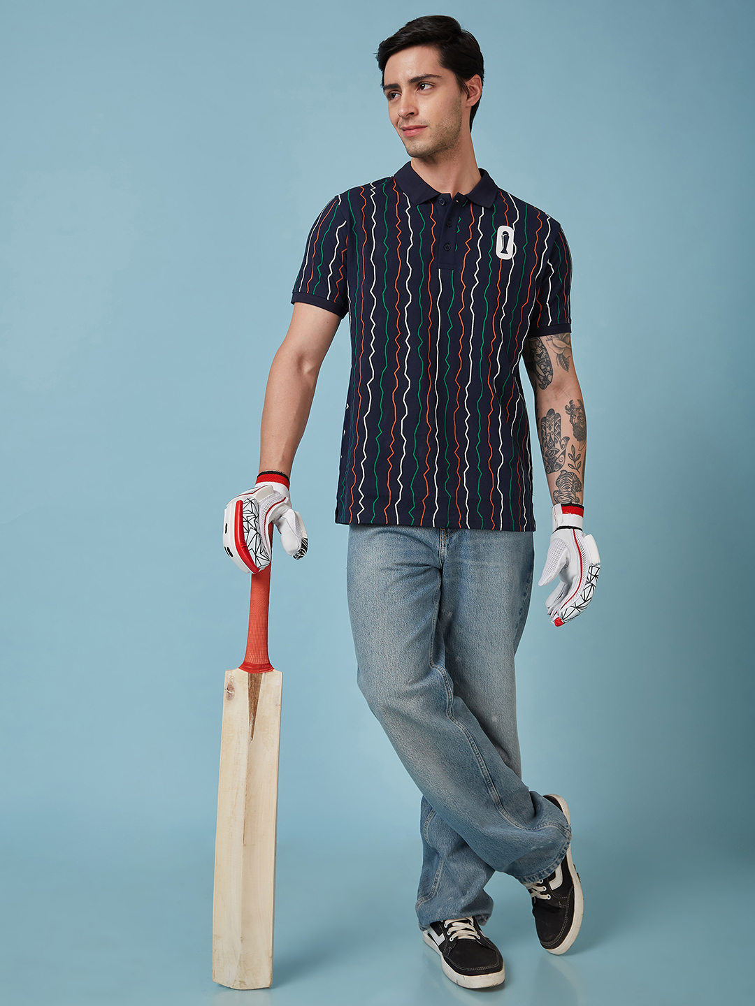 ICC Champion-2025 ICC Champions Trophy 2025 Men Navy Blue Wave Striped Half Sleeves Polo Collar Cotton T-Shirt (5)