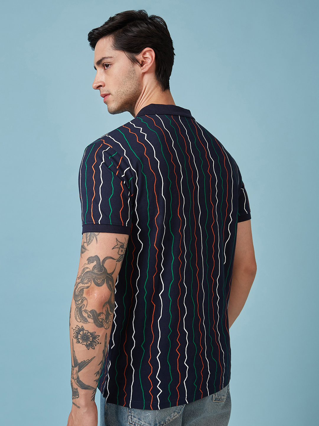 ICC Champion-2025 ICC Champions Trophy 2025 Men Navy Blue Wave Striped Half Sleeves Polo Collar Cotton T-Shirt (3)