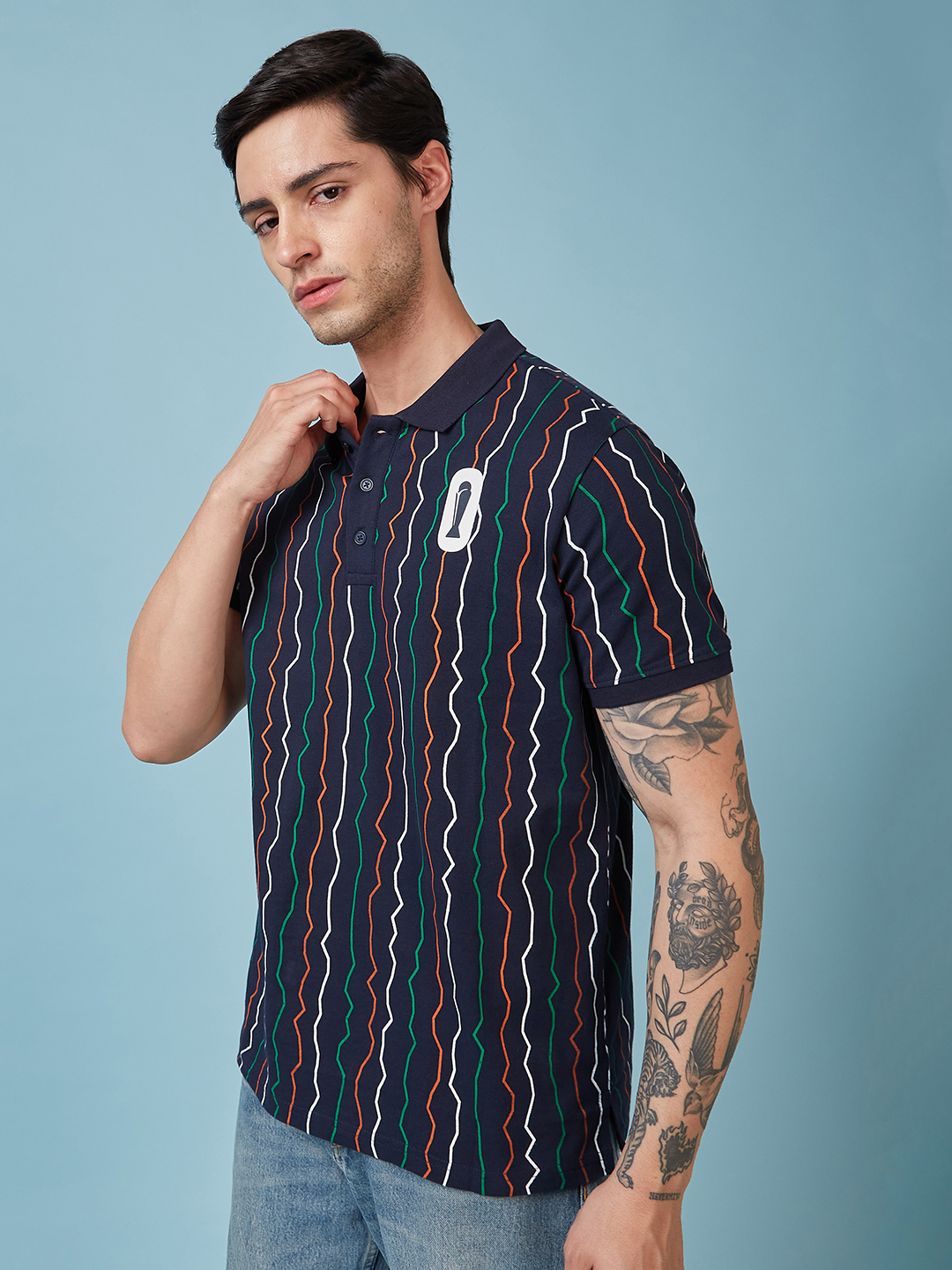 ICC Champion-2025 ICC Champions Trophy 2025 Men Navy Blue Wave Striped Half Sleeves Polo Collar Cotton T-Shirt (2)