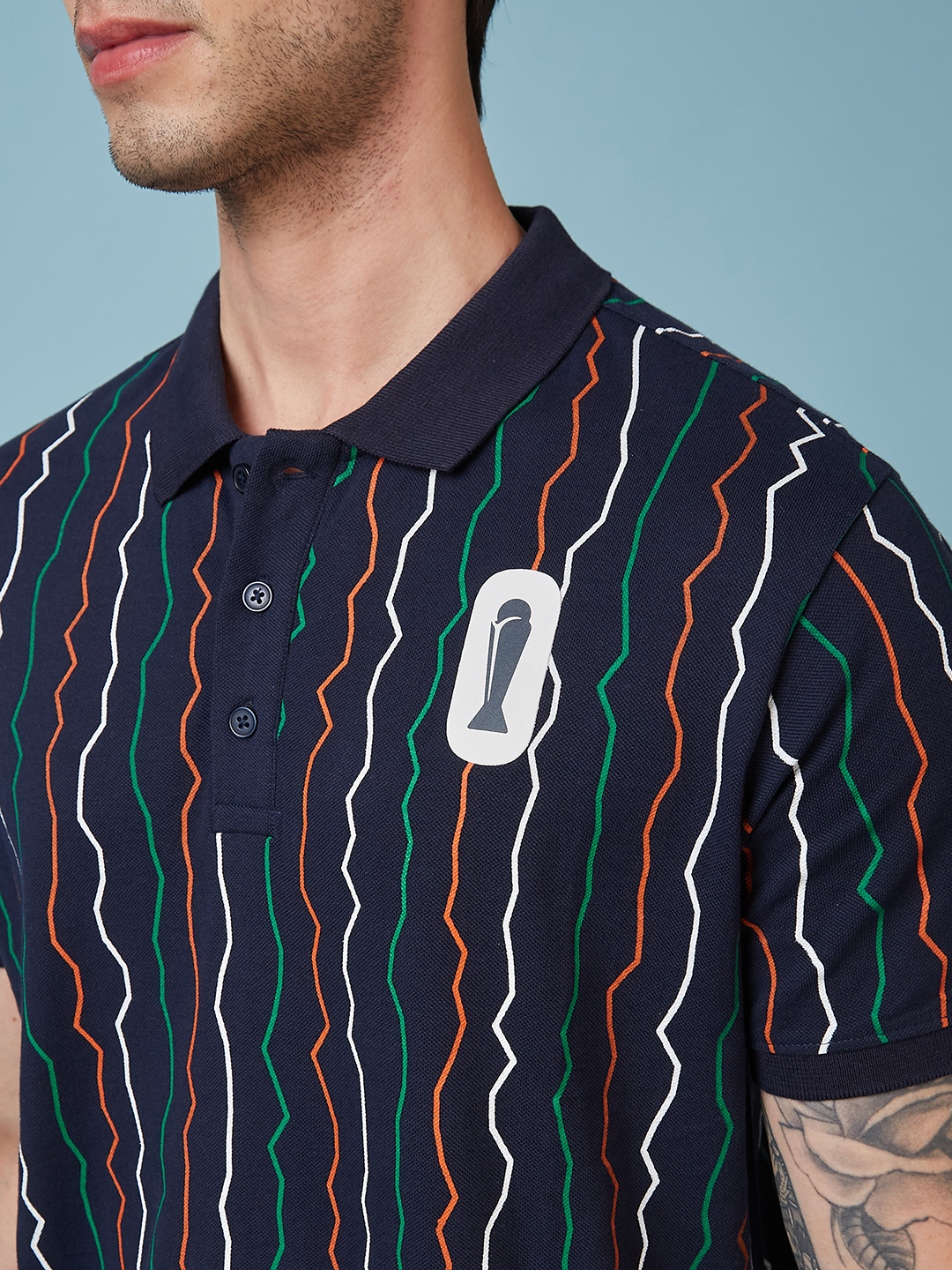 ICC Champion-2025 ICC Champions Trophy 2025 Men Navy Blue Wave Striped Half Sleeves Polo Collar Cotton T-Shirt (4)