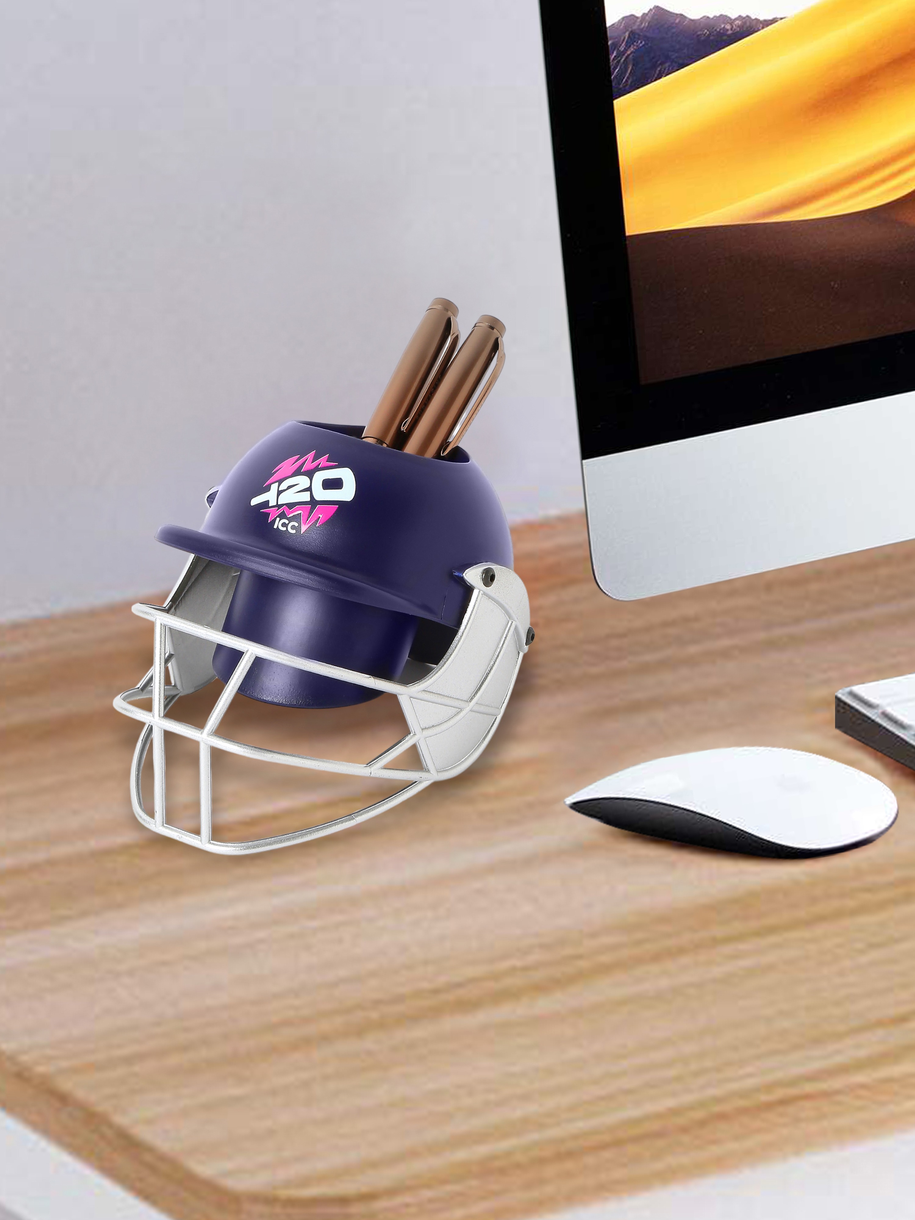 Helmet Shaped ICC T20 Logo Blue Pen Stand