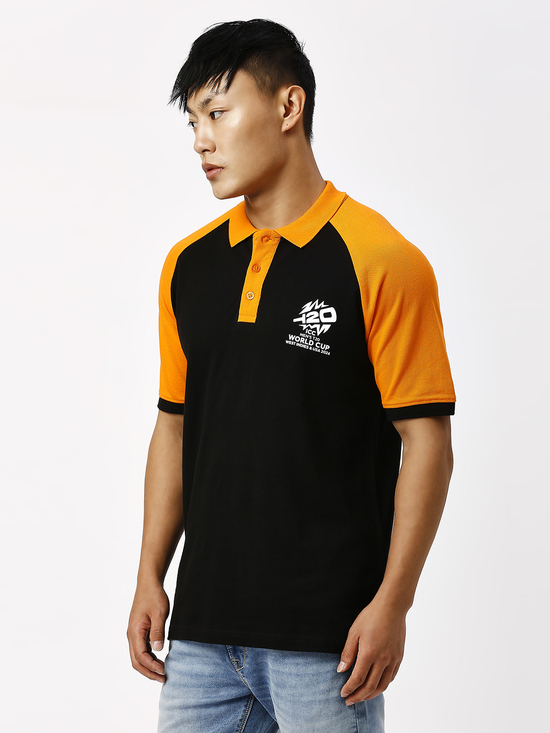 ICC T20 ICC Men's T20 WC-24 Black and Orange Half Sleeves Polo Collar Raglan Cotton T-Shirt (2)