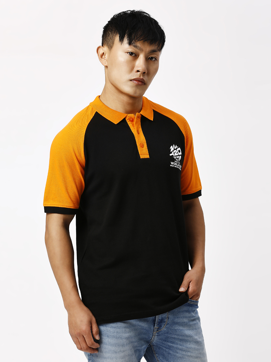ICC T20 ICC Men's T20 WC-24 Black and Orange Half Sleeves Polo Collar Raglan Cotton T-Shirt (3)