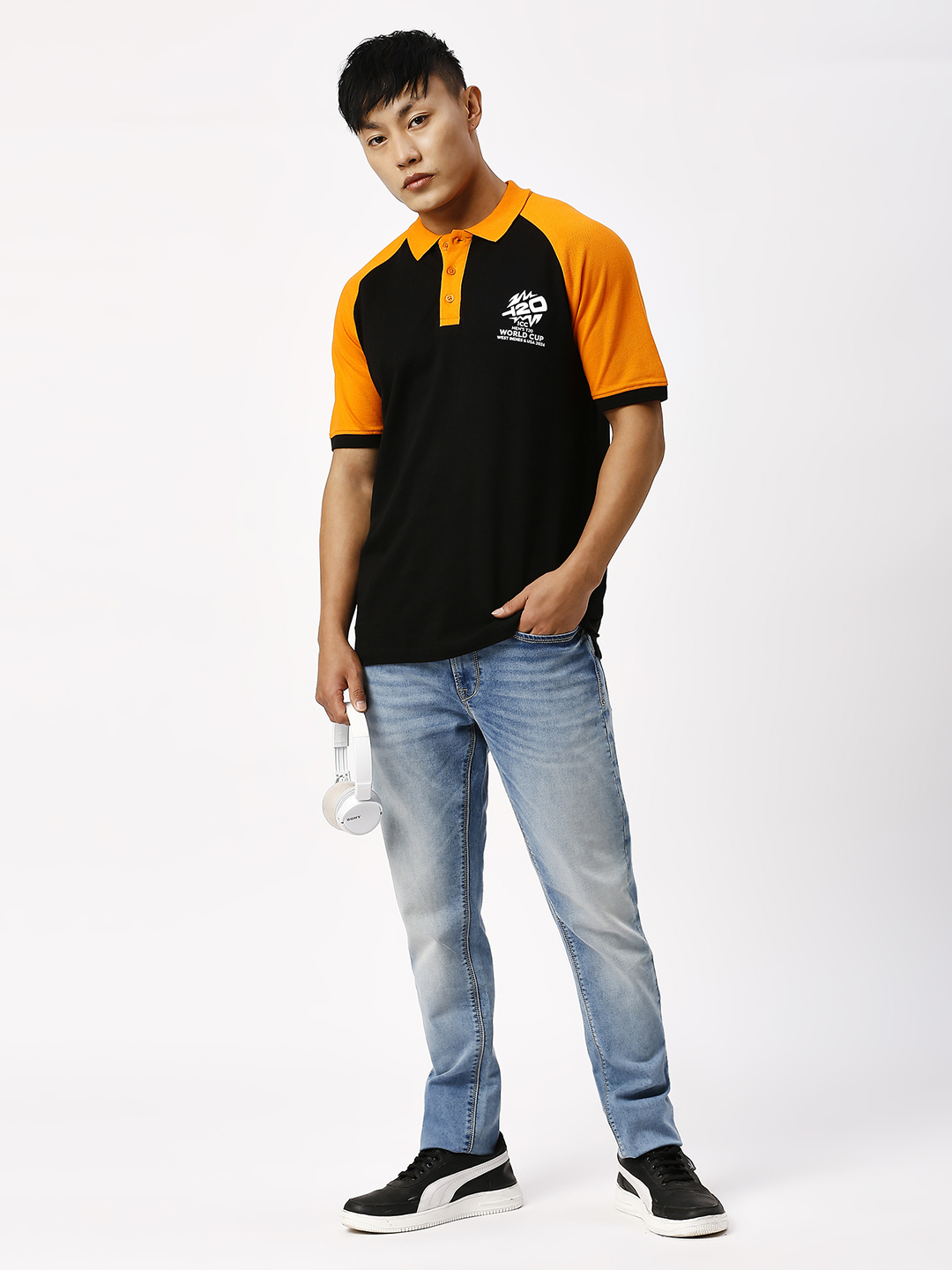 ICC T20 ICC Men's T20 WC-24 Black and Orange Half Sleeves Polo Collar Raglan Cotton T-Shirt (5)