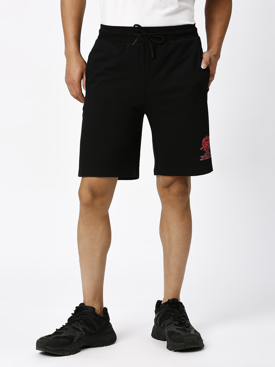 ICC Men's T20 WC-24 Black Logo Printed Mid-Rise Cotton Sports Shorts