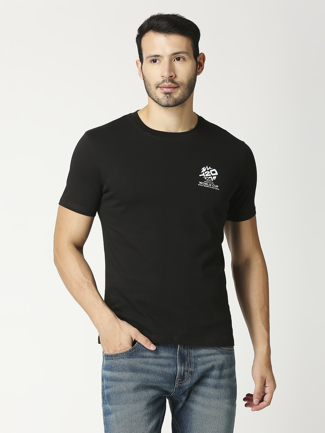 ICC Men's T20 WC-24 Black Typography Printed Half Sleeves Cotton Round Neck T-Shirt