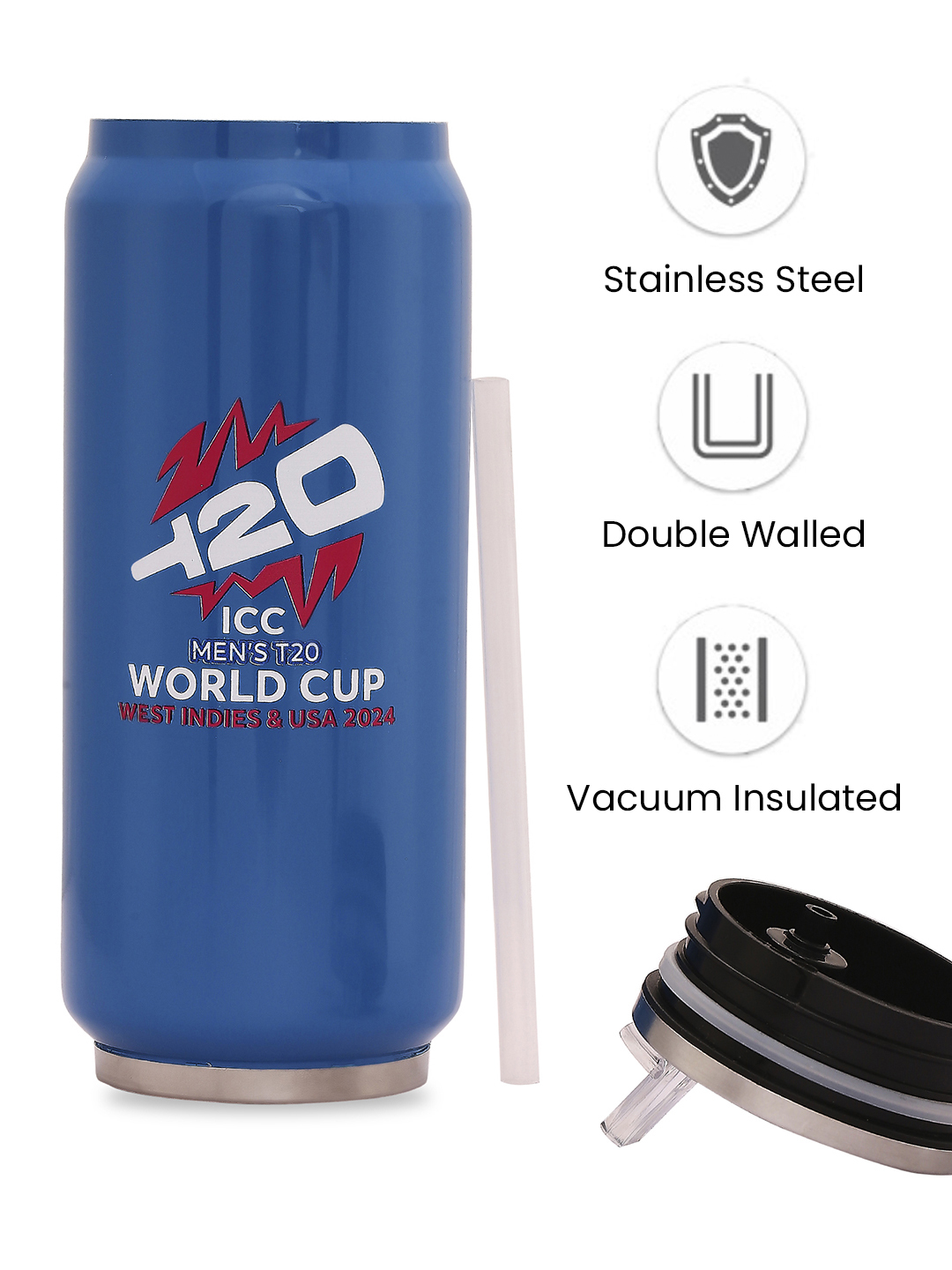 ICC T20 ICC Men's T20 WC-24 Blue Logo Printed Double Walled Stainless Steel Vacuum Insulated Flask Travel Sipper - 480 M (2)