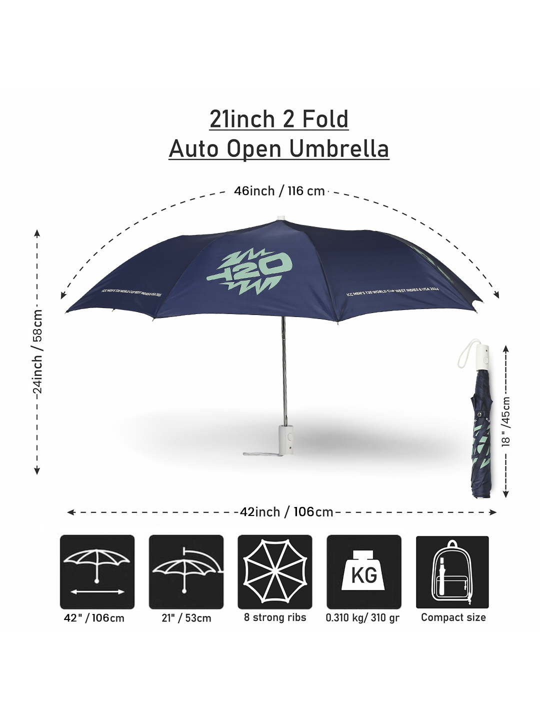 ICC T20 ICC Men's T20 WC-24 Blue Printed 2-Fold Automatic Umbrella - 24 inch (5)