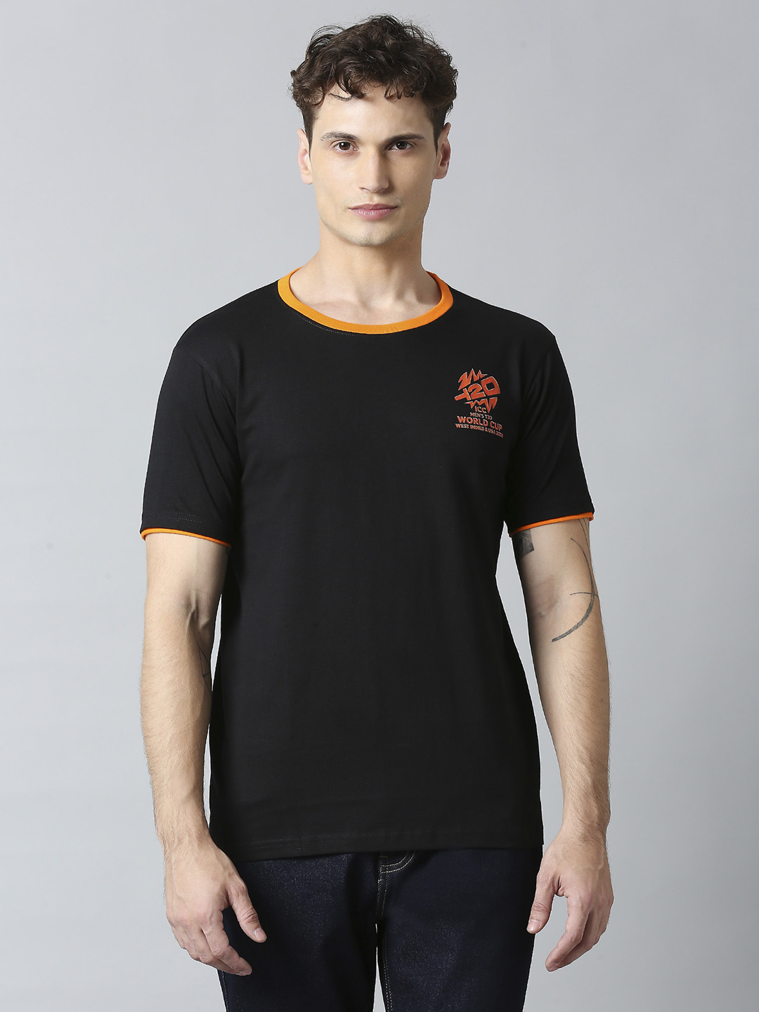 ICC Men's T20 WC-24 Charcoal Logo Printed Half Sleeves Round Neck ICC Core Cotton T-Shirt