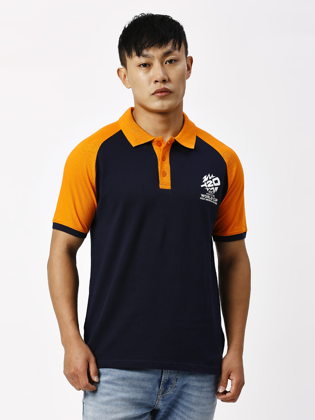 ICC Men's T20 WC-24 Navy Blue and Orange Half Sleeves Polo Collar Raglan Cotton T-Shirt