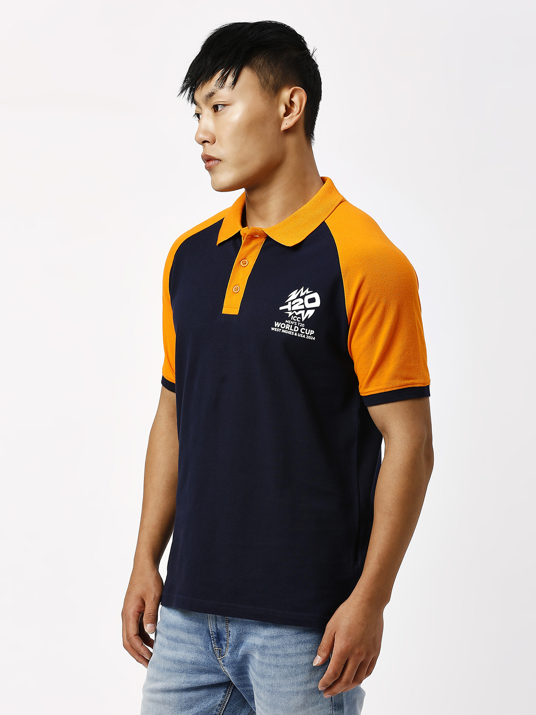 ICC T20 ICC Men's T20 WC-24 Navy Blue and Orange Half Sleeves Polo Collar Raglan Cotton T-Shirt (2)