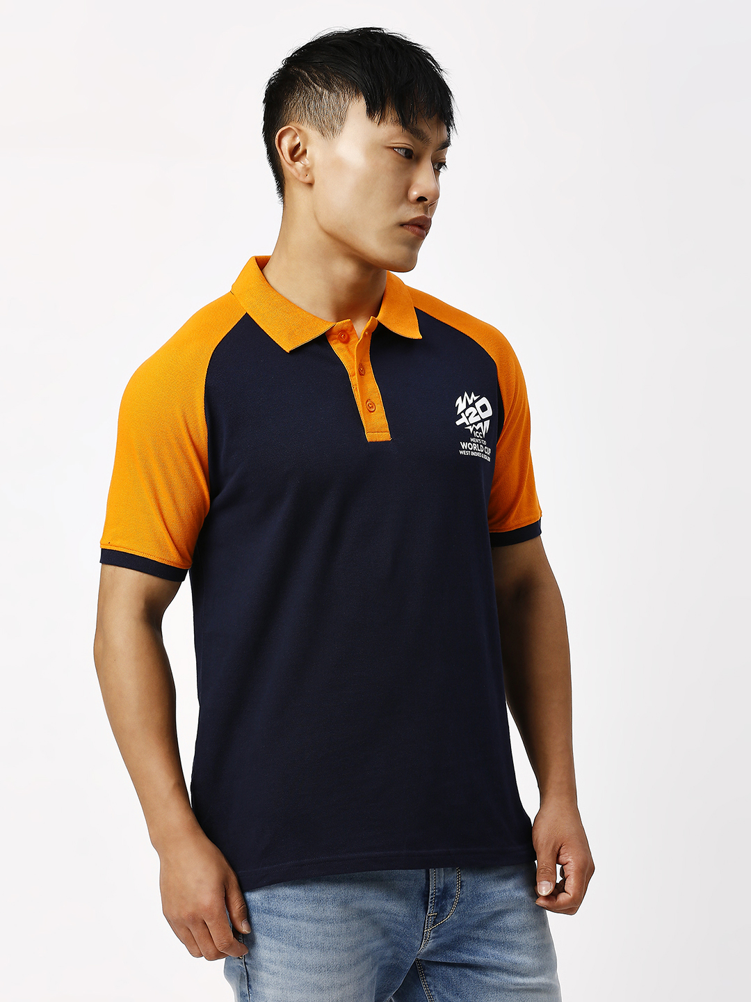 ICC T20 ICC Men's T20 WC-24 Navy Blue and Orange Half Sleeves Polo Collar Raglan Cotton T-Shirt (3)