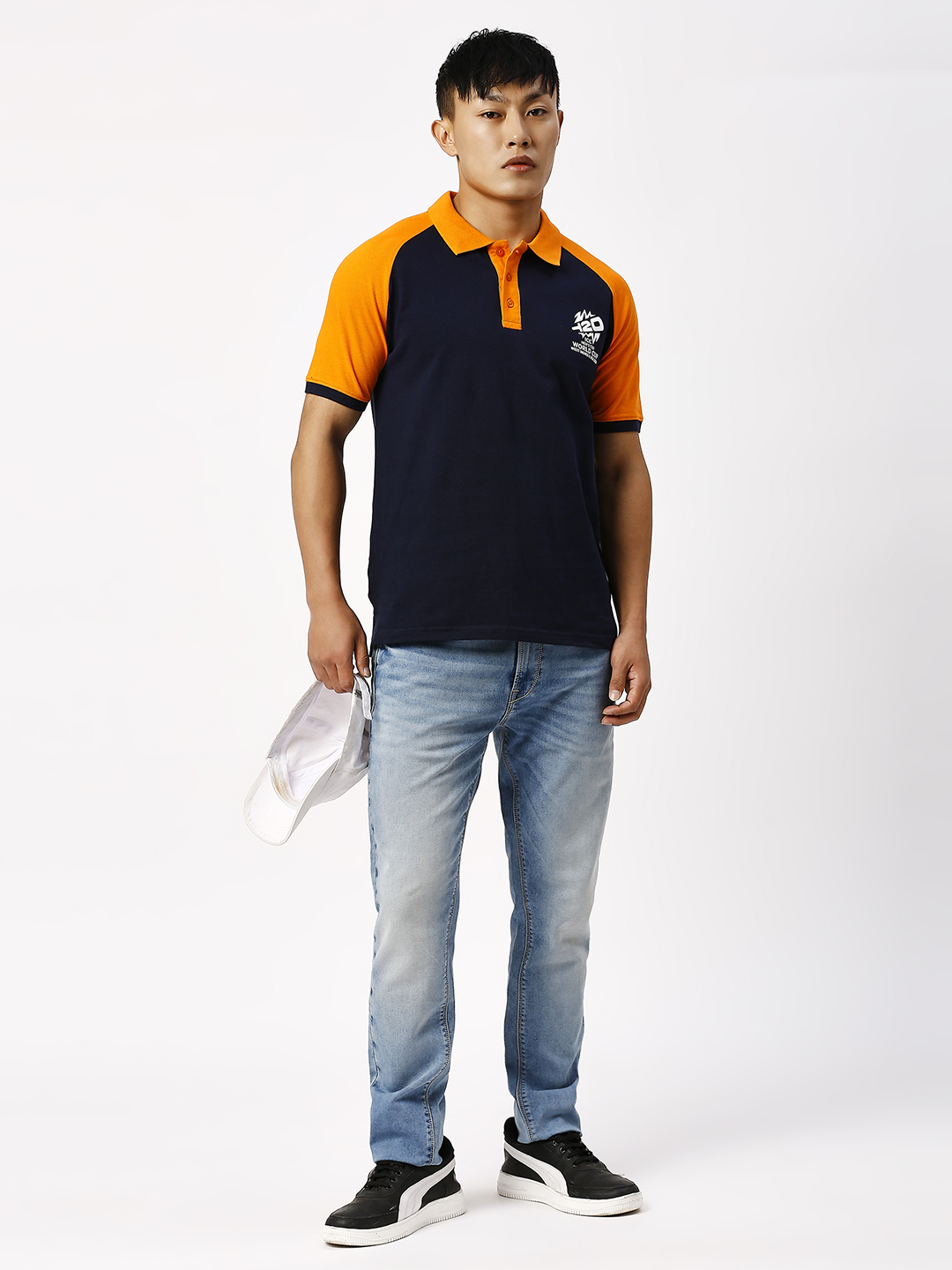 ICC T20 ICC Men's T20 WC-24 Navy Blue and Orange Half Sleeves Polo Collar Raglan Cotton T-Shirt (5)