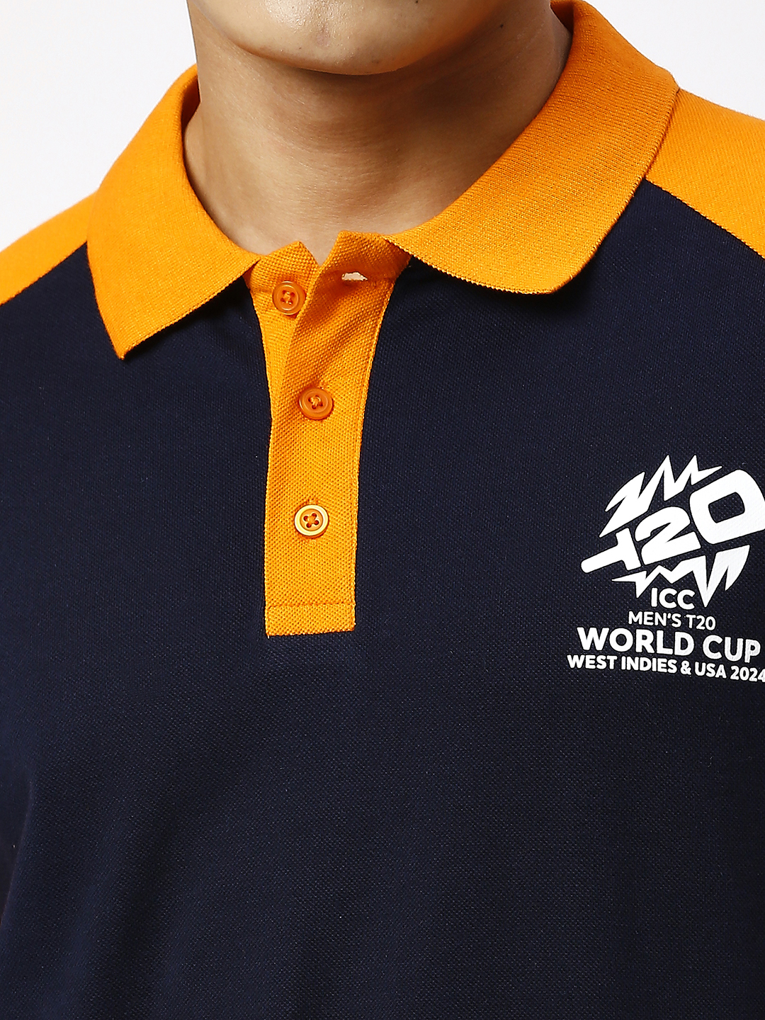 ICC T20 ICC Men's T20 WC-24 Navy Blue and Orange Half Sleeves Polo Collar Raglan Cotton T-Shirt (6)