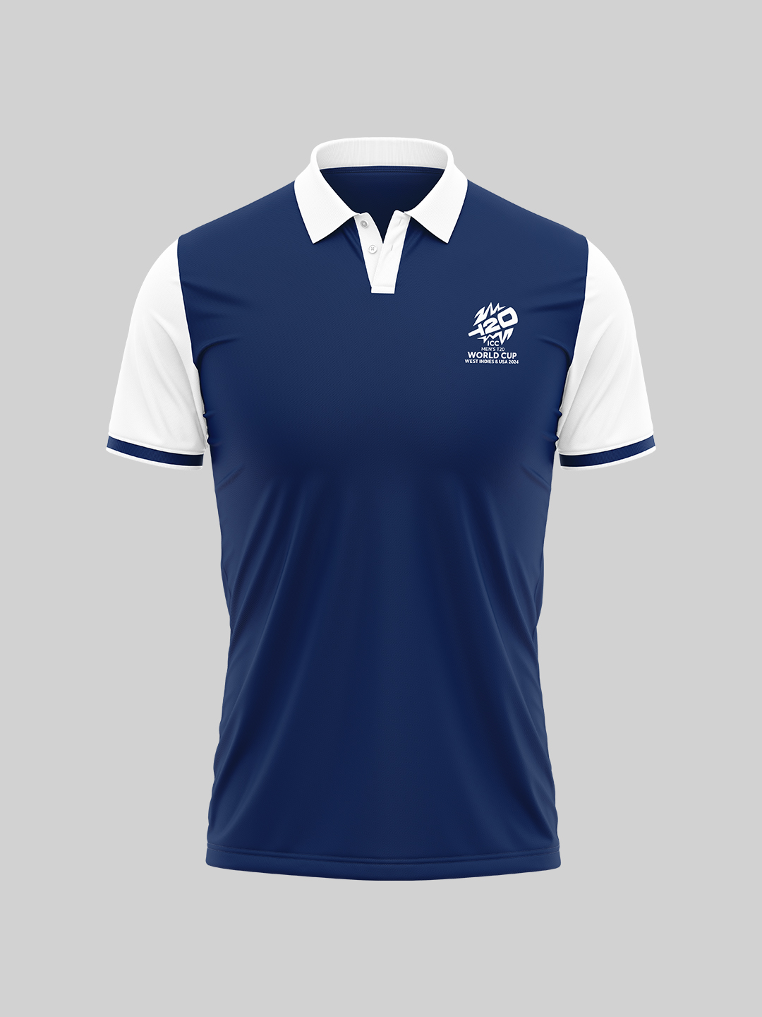 ICC T20 ICC Men's T20 WC-24 Navy Blue and White Colourblocked Half Sleeves Polo Collar Cotton T-Shirt (1)