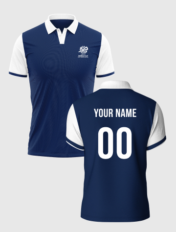 ICC Men's T20 WC-24 Navy Blue and White Colourblocked Half Sleeves Polo Collar Cotton T-Shirt - Customised