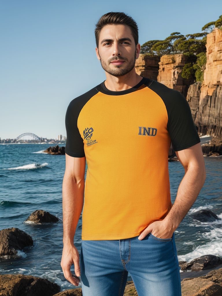 ICC Men's T20 WC-24 Orange and Black Half Sleeves Round Neck Cotton T-Shirt