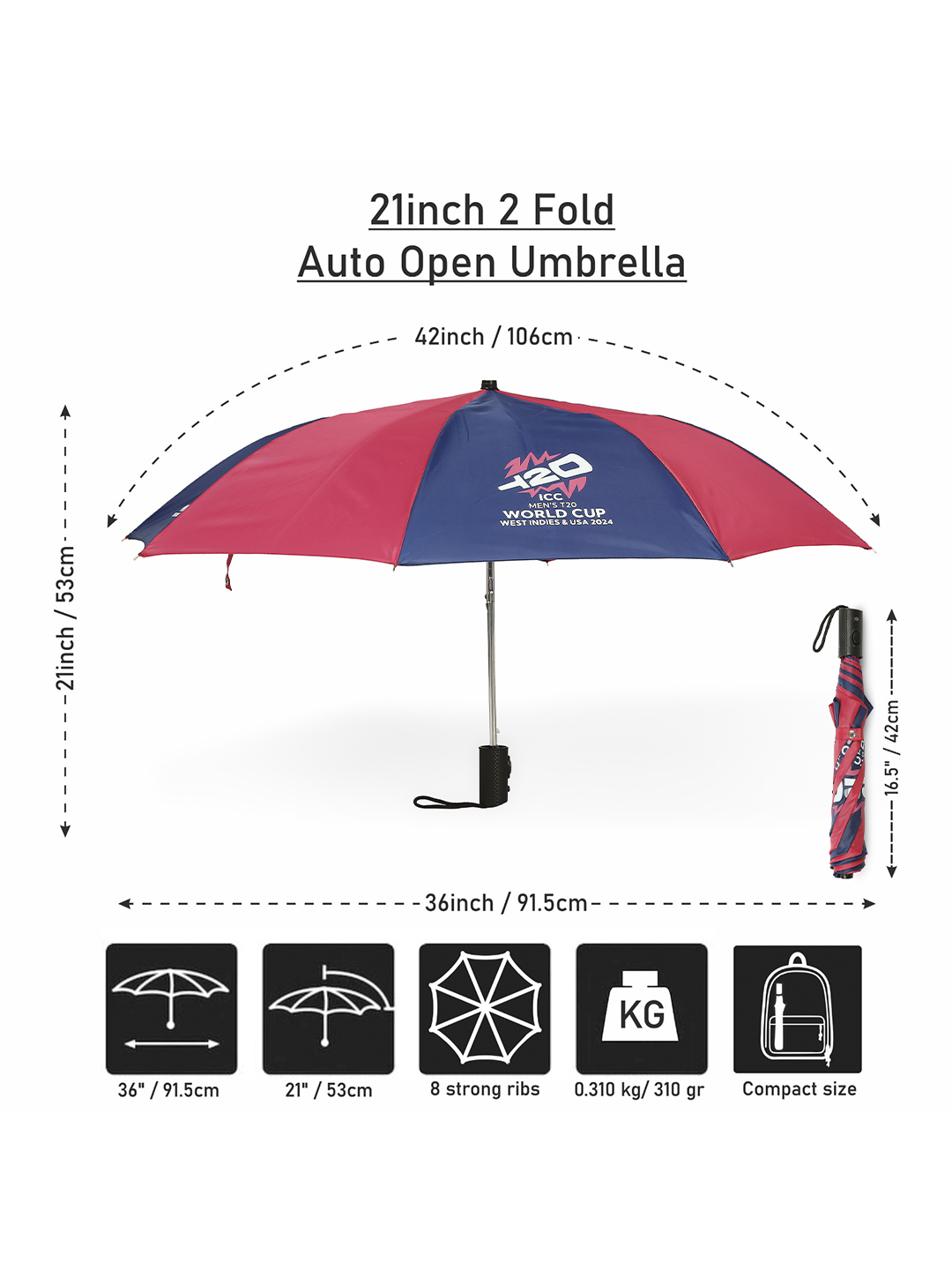 ICC T20 ICC Men's T20 WC-24 Pink and Blue Printed 2-Fold Automatic Umbrella - 21 inch (5)
