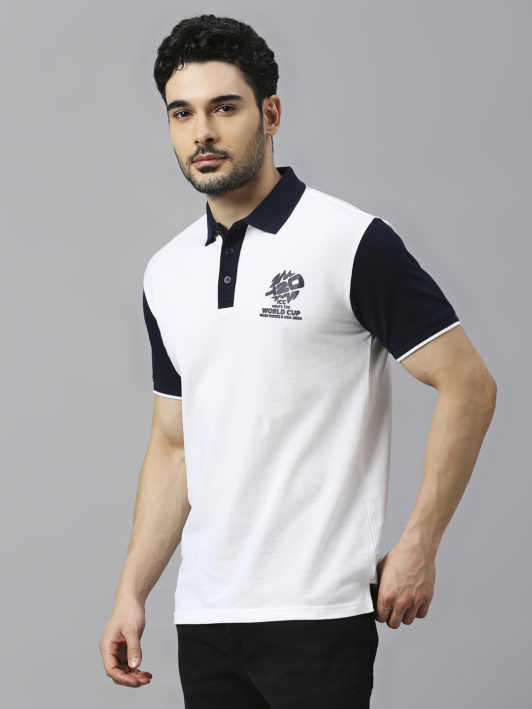ICC T20 ICC Men's T20 WC-24 White and Navy Blue Colourblocked Half Sleeves Polo Collar Cotton T-Shirt (3)