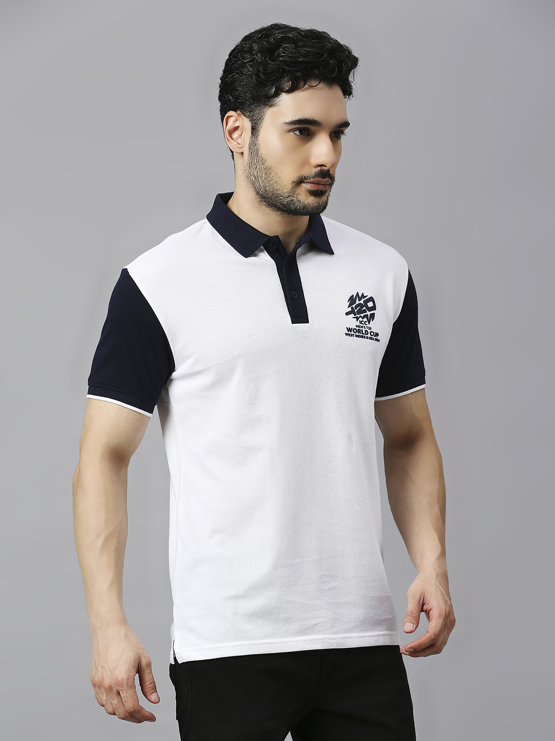 ICC T20 ICC Men's T20 WC-24 White and Navy Blue Colourblocked Half Sleeves Polo Collar Cotton T-Shirt (4)