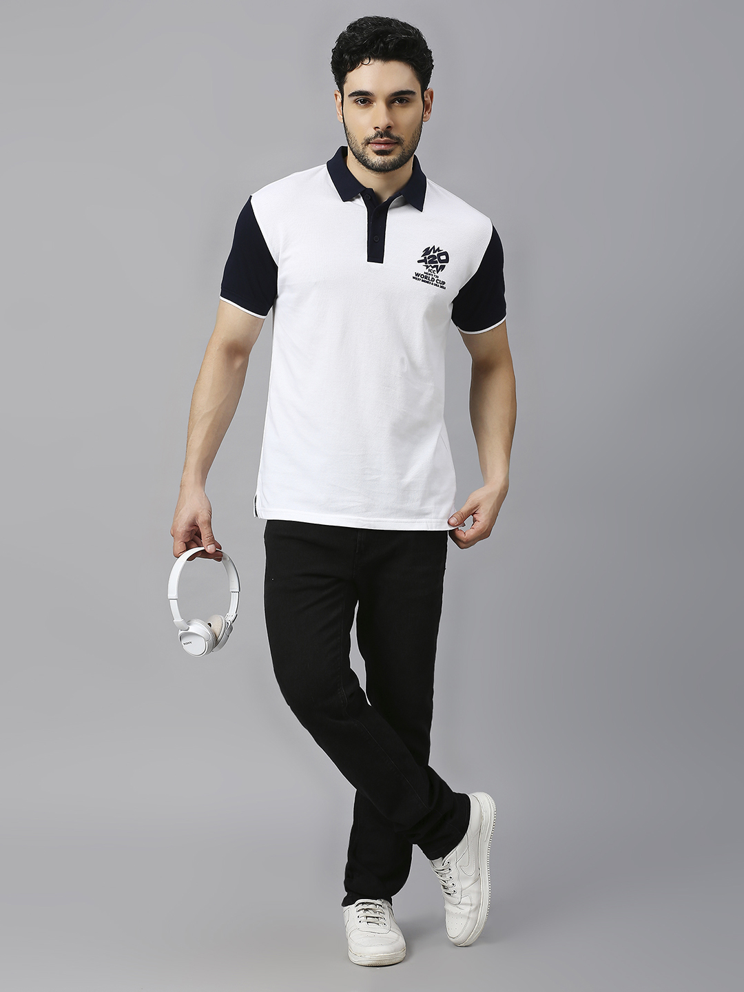 ICC T20 ICC Men's T20 WC-24 White and Navy Blue Colourblocked Half Sleeves Polo Collar Cotton T-Shirt (7)