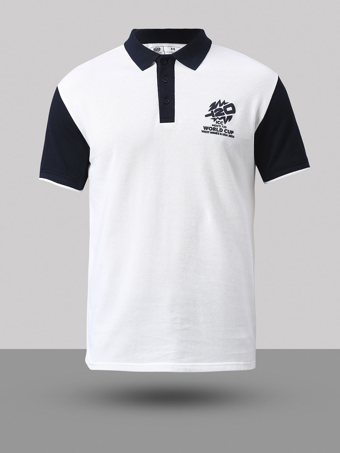 ICC T20 ICC Men's T20 WC-24 White and Navy Blue Colourblocked Half Sleeves Polo Collar Cotton T-Shirt (8)