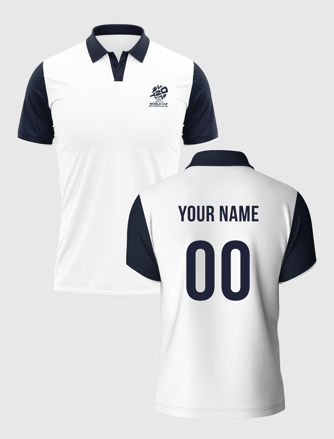 ICC T20 ICC Men's T20 WC-24 White and Navy Blue Colourblocked Half Sleeves Polo Collar Cotton T-Shirt - Customised