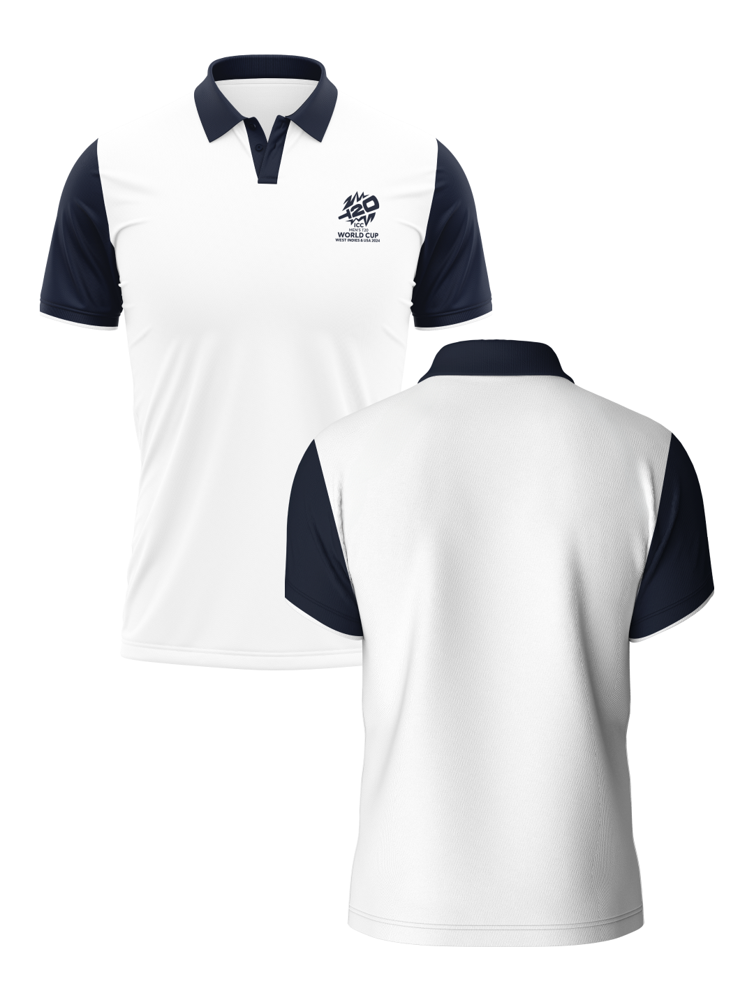 ICC T20 ICC Men's T20 WC-24 White and Navy Blue Colourblocked Half Sleeves Polo Collar Cotton T-Shirt - Customised (3)