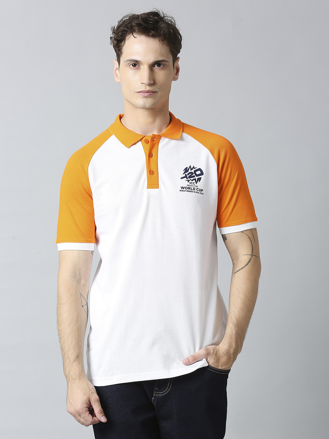 ICC Men's T20 WC-24 White and Orange Half Sleeves Polo Collar Raglan Cotton T-Shirt