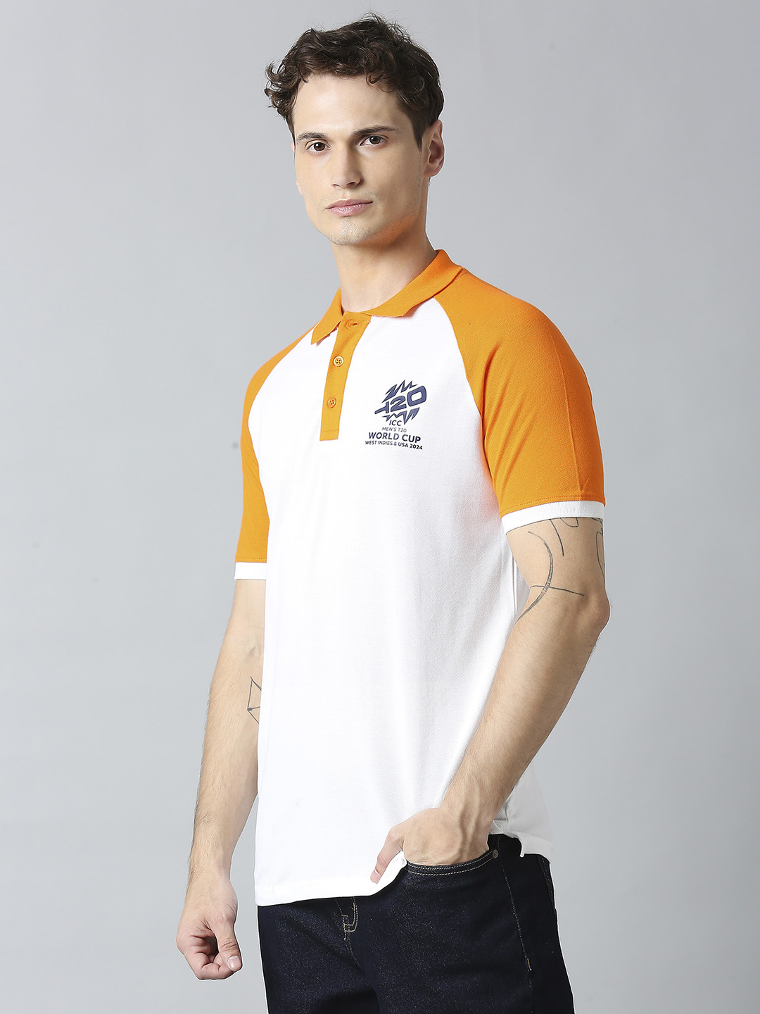 ICC T20 ICC Men's T20 WC-24 White and Orange Half Sleeves Polo Collar Raglan Cotton T-Shirt (2)