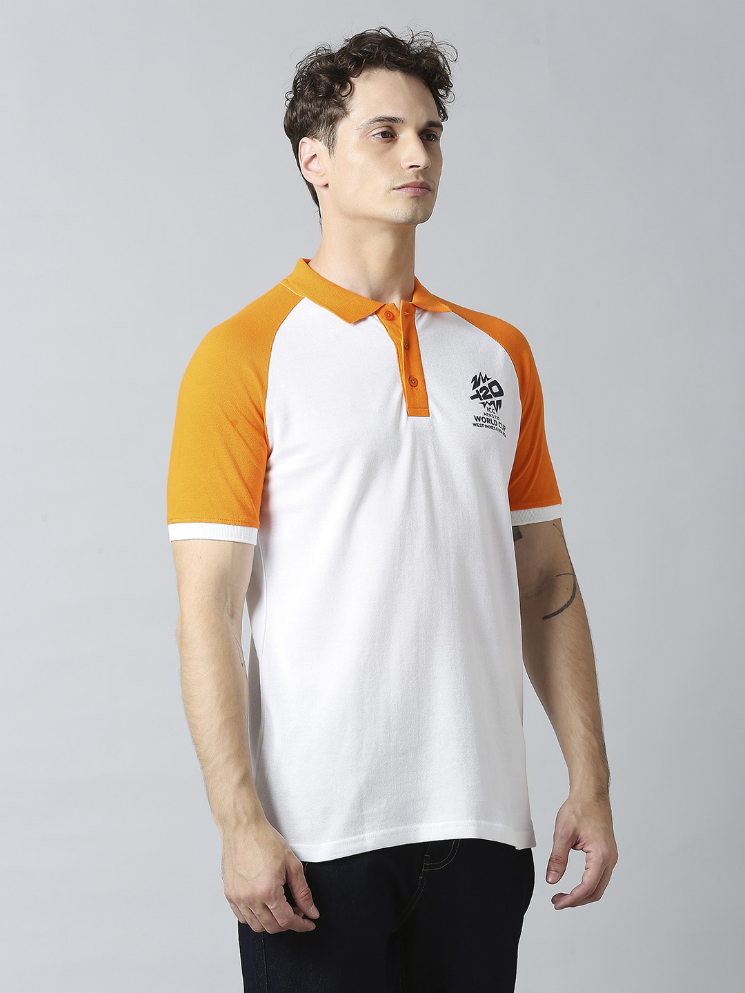 ICC T20 ICC Men's T20 WC-24 White and Orange Half Sleeves Polo Collar Raglan Cotton T-Shirt (3)