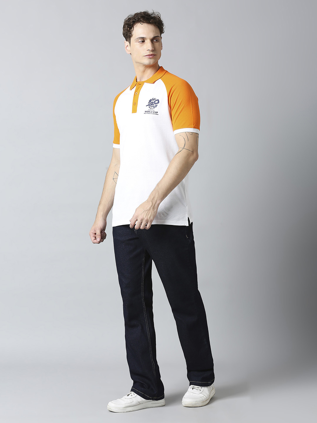 ICC T20 ICC Men's T20 WC-24 White and Orange Half Sleeves Polo Collar Raglan Cotton T-Shirt (5)