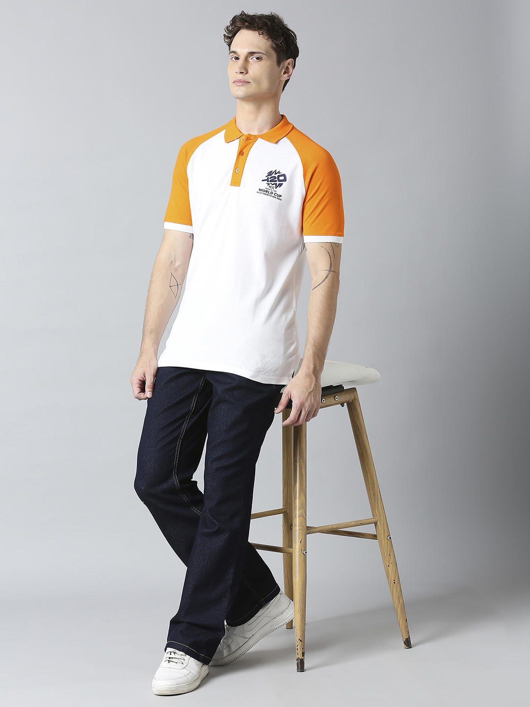 ICC T20 ICC Men's T20 WC-24 White and Orange Half Sleeves Polo Collar Raglan Cotton T-Shirt (6)