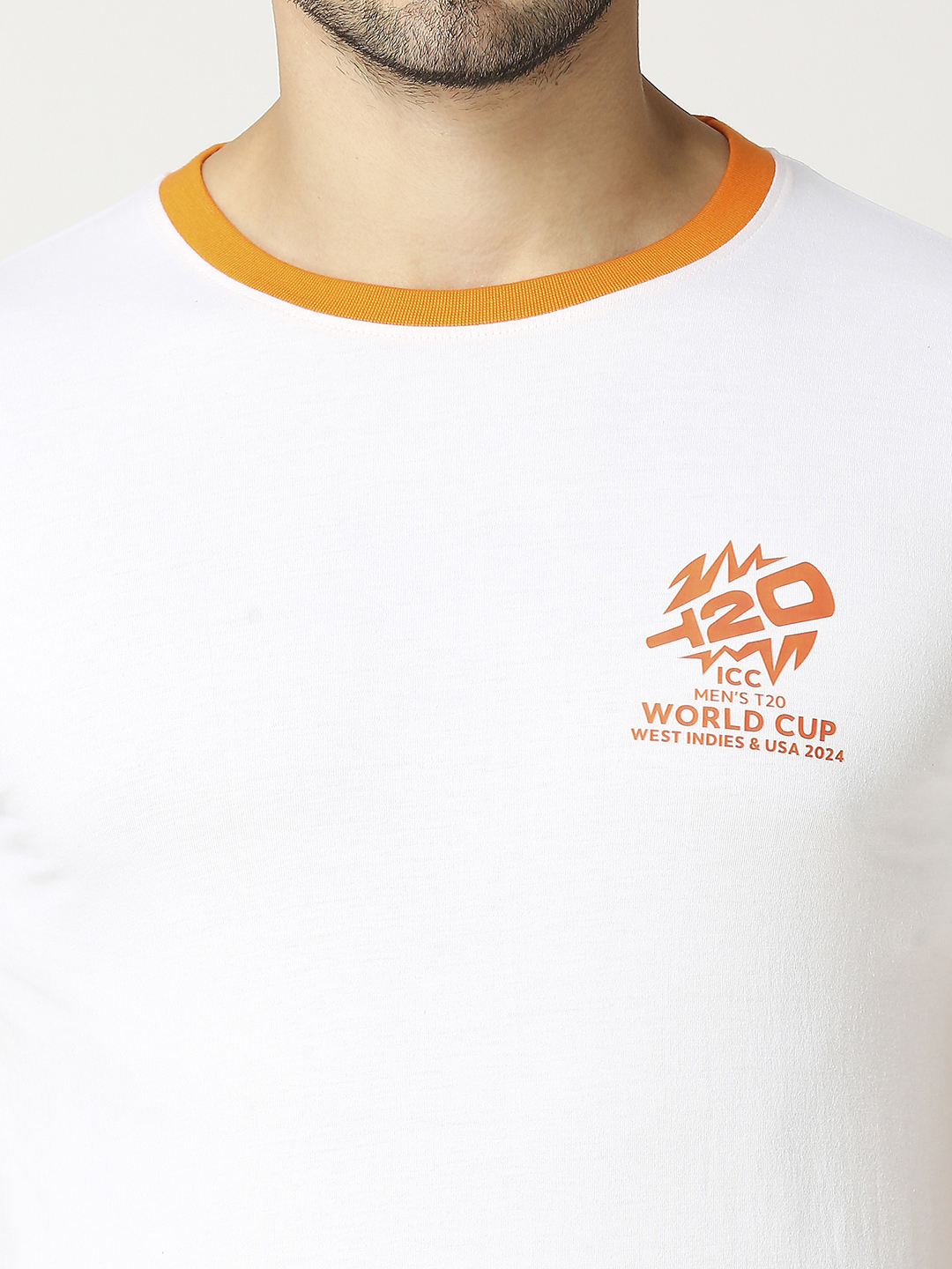 ICC T20 ICC Men's T20 WC-24 White and Orange Printed Half Sleeves Round Neck Cotton T-Shirt (10)