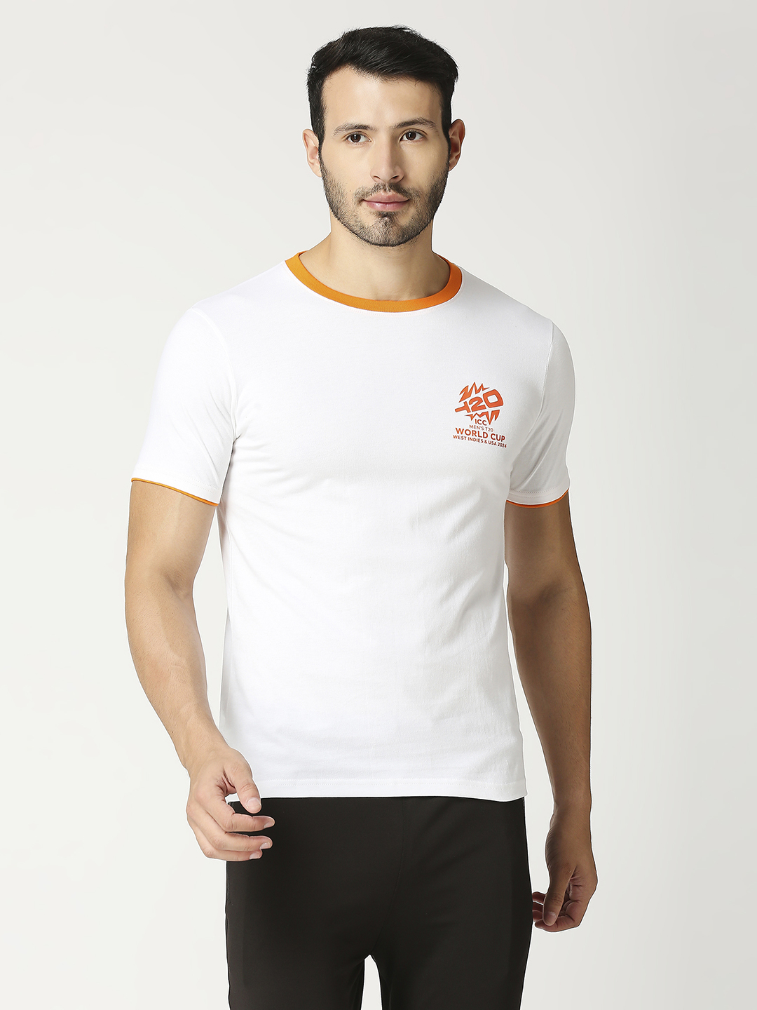 ICC T20 ICC Men's T20 WC-24 White and Orange Printed Half Sleeves Round Neck Cotton T-Shirt (2)