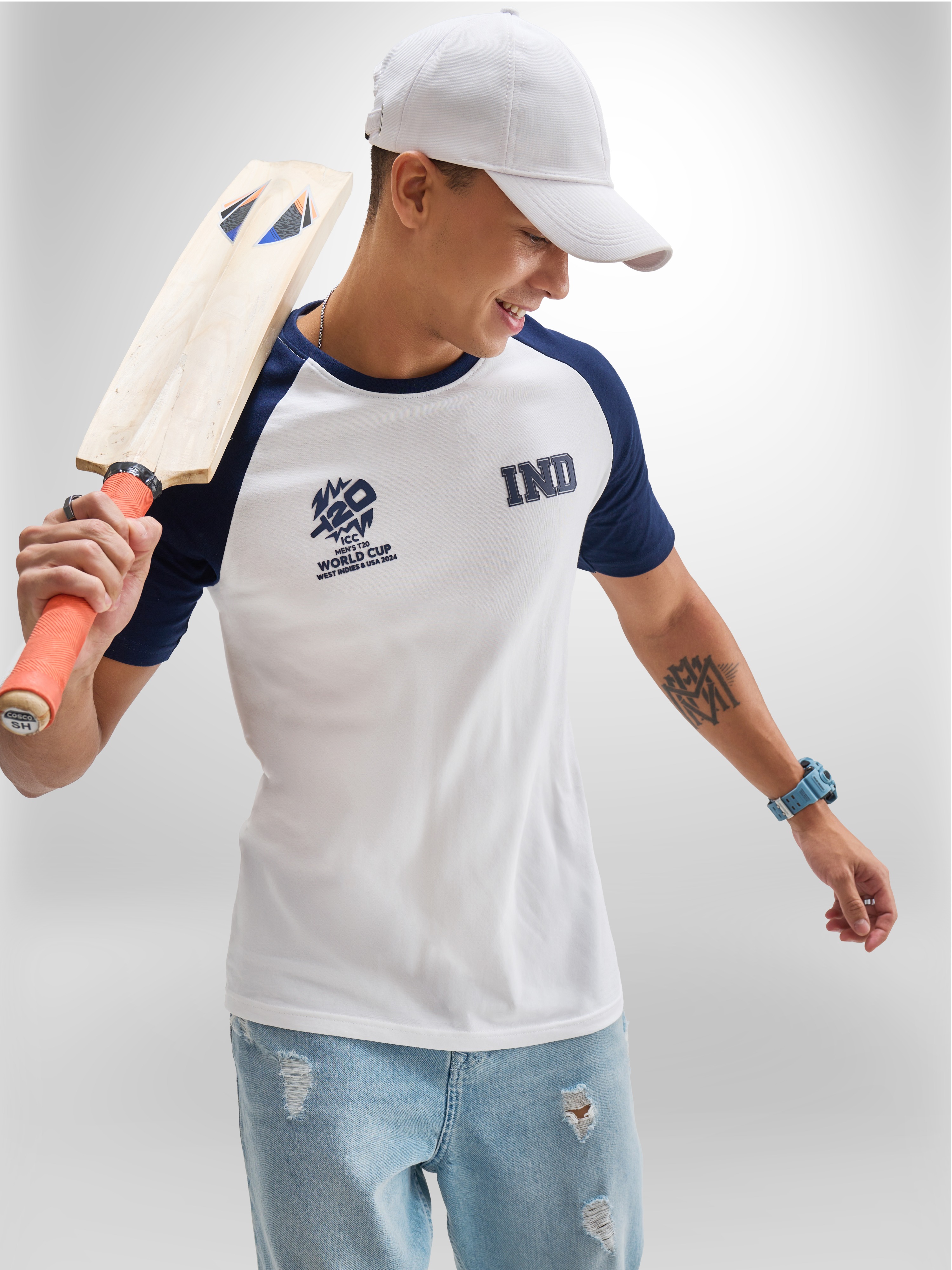 ICC T20 ICC Men's T20 WC-24 White & Navy Blue Logo Printed Half Sleeves Round Neck Cotton T-Shirt (1)