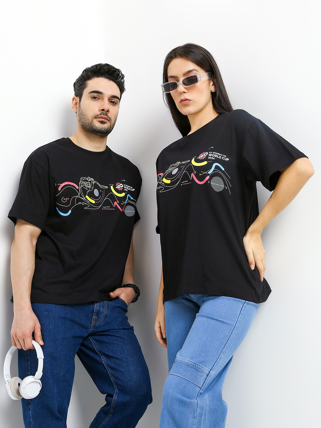 ICC Women's T20 WC-24 Black Graphic Printed Oversized T-Shirt