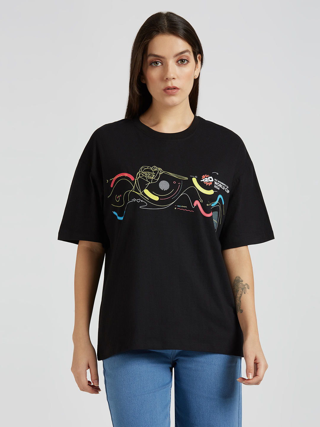 ICC WWC T20 ICC Women's T20 WC-24 Black Graphic Printed Oversized T-Shirt (2)