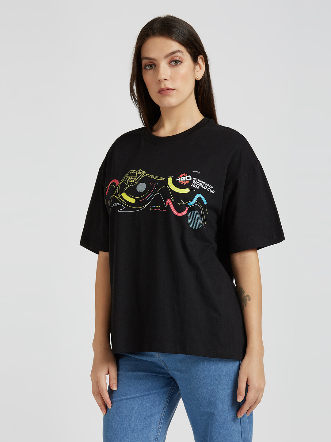 ICC WWC T20 ICC Women's T20 WC-24 Black Graphic Printed Oversized T-Shirt (3)