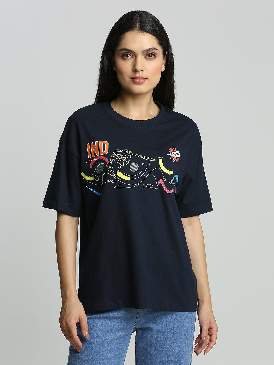 ICC Women's T20 WC-24 Navy Blue Graphic Printed Oversized T-Shirt