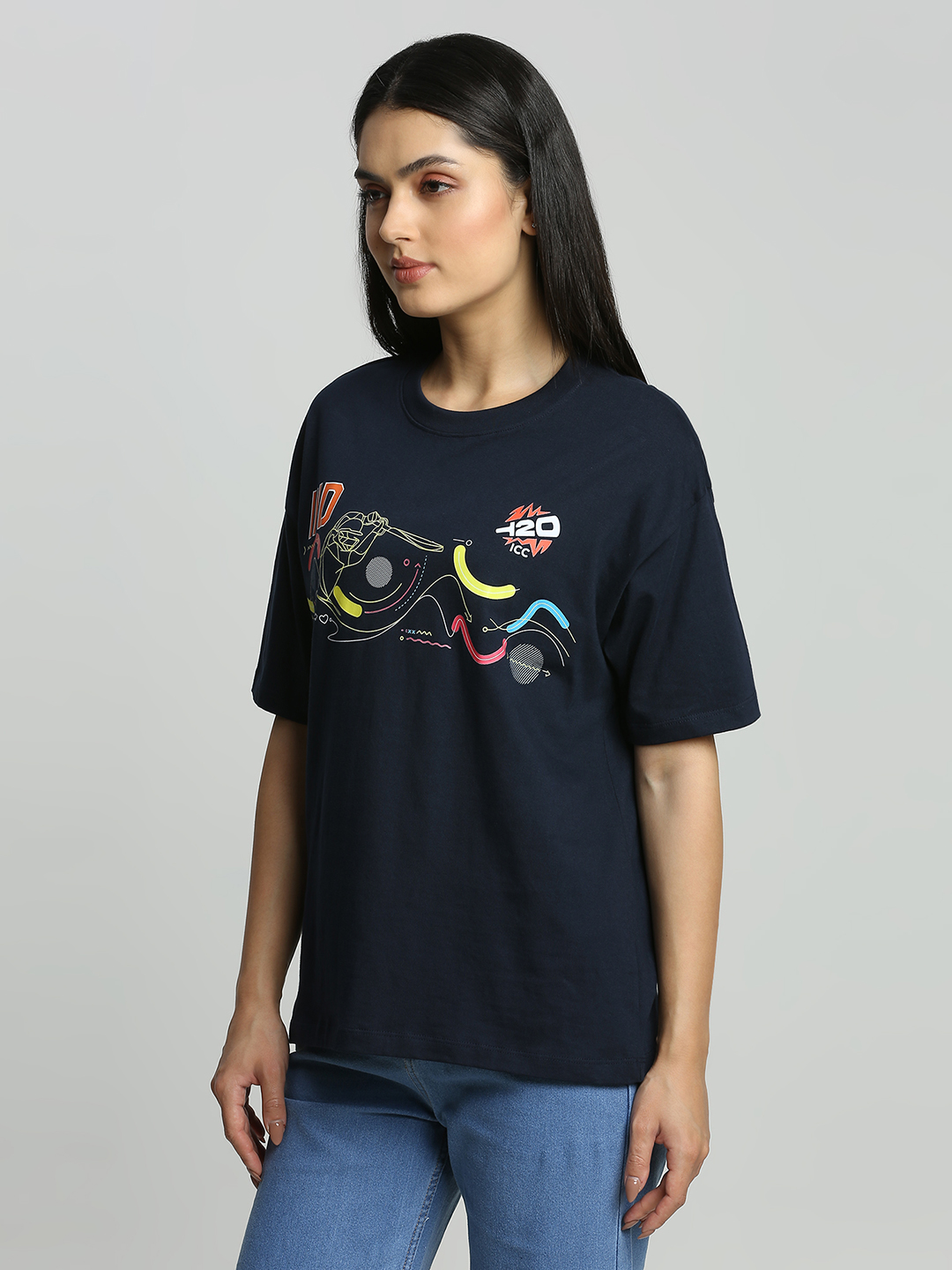 ICC WWC T20 ICC Women's T20 WC-24 Navy Blue Graphic Printed Oversized T-Shirt (2)