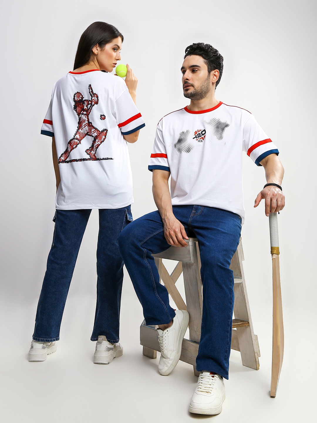 ICC Women's T20 WC-24 White Graphic Printed Half Sleeves Round Oversized T-Shirt