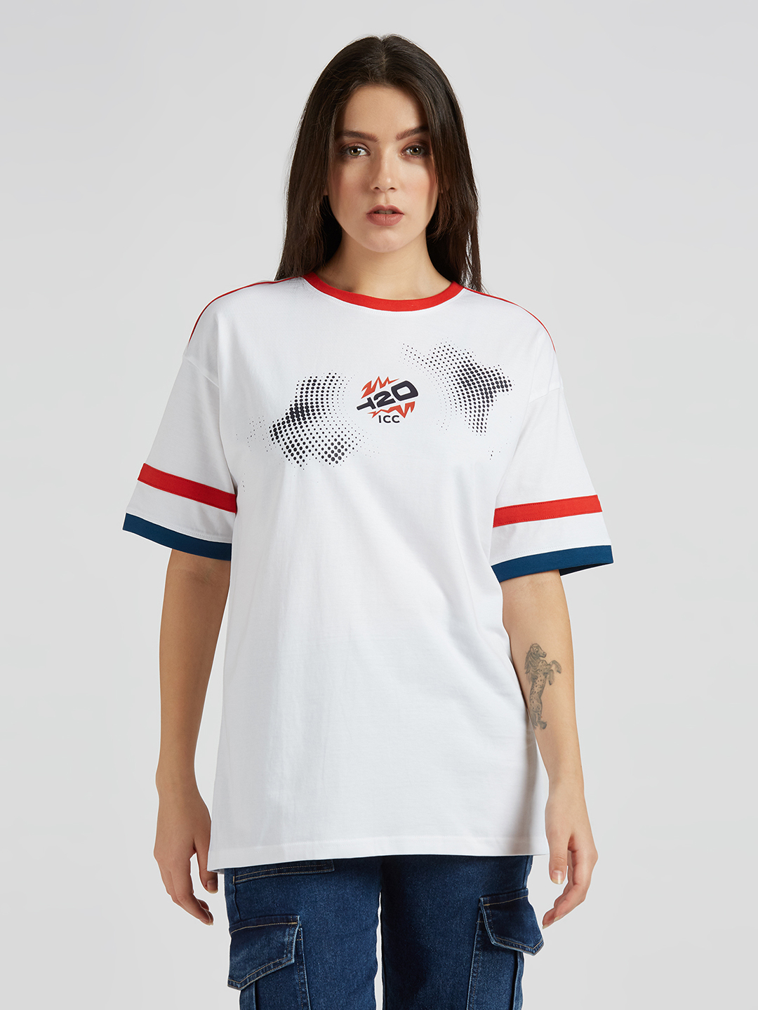 ICC WWC T20 ICC Women's T20 WC-24 White Graphic Printed Half Sleeves Round Oversized T-Shirt (2)
