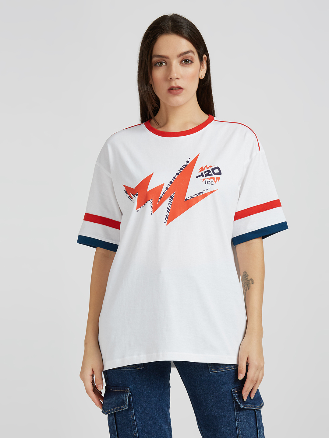 ICC Women's T20 WC-24 White Graphic Printed Oversized T-Shirt